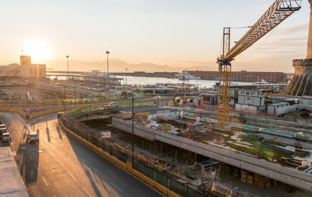Harbor construction site at sunrise