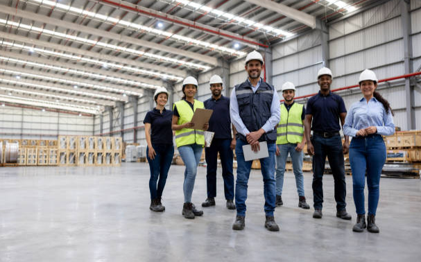 A group of workers inside a warehouse. 