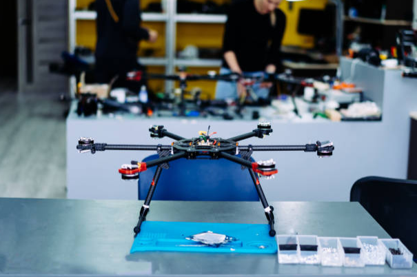 An image of a drone in a workshop. 