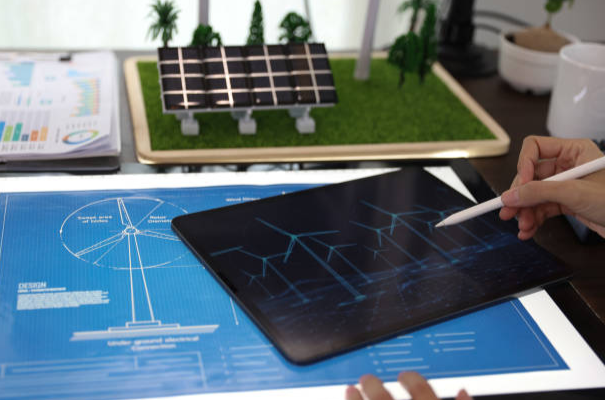 An image of an iPad alongside other modern construction technologies.